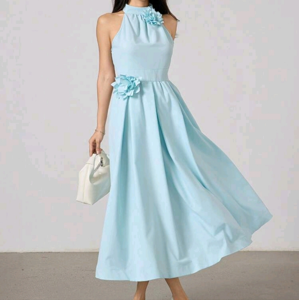 Women's Sleeveless Midi Dress With 3D Floral Decor,Elegant Solid Color